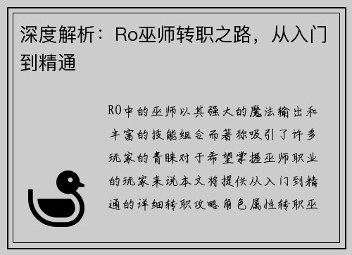 深度解析：Ro巫师转职之路，从入门到精通